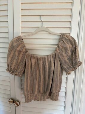 H&M Beige and Black Striped Puff Sleeve Top